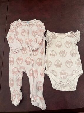 cloud island Pink Floral-Pattern Footed One-Piece and Ruffle-Sleeve Bodysuit Set